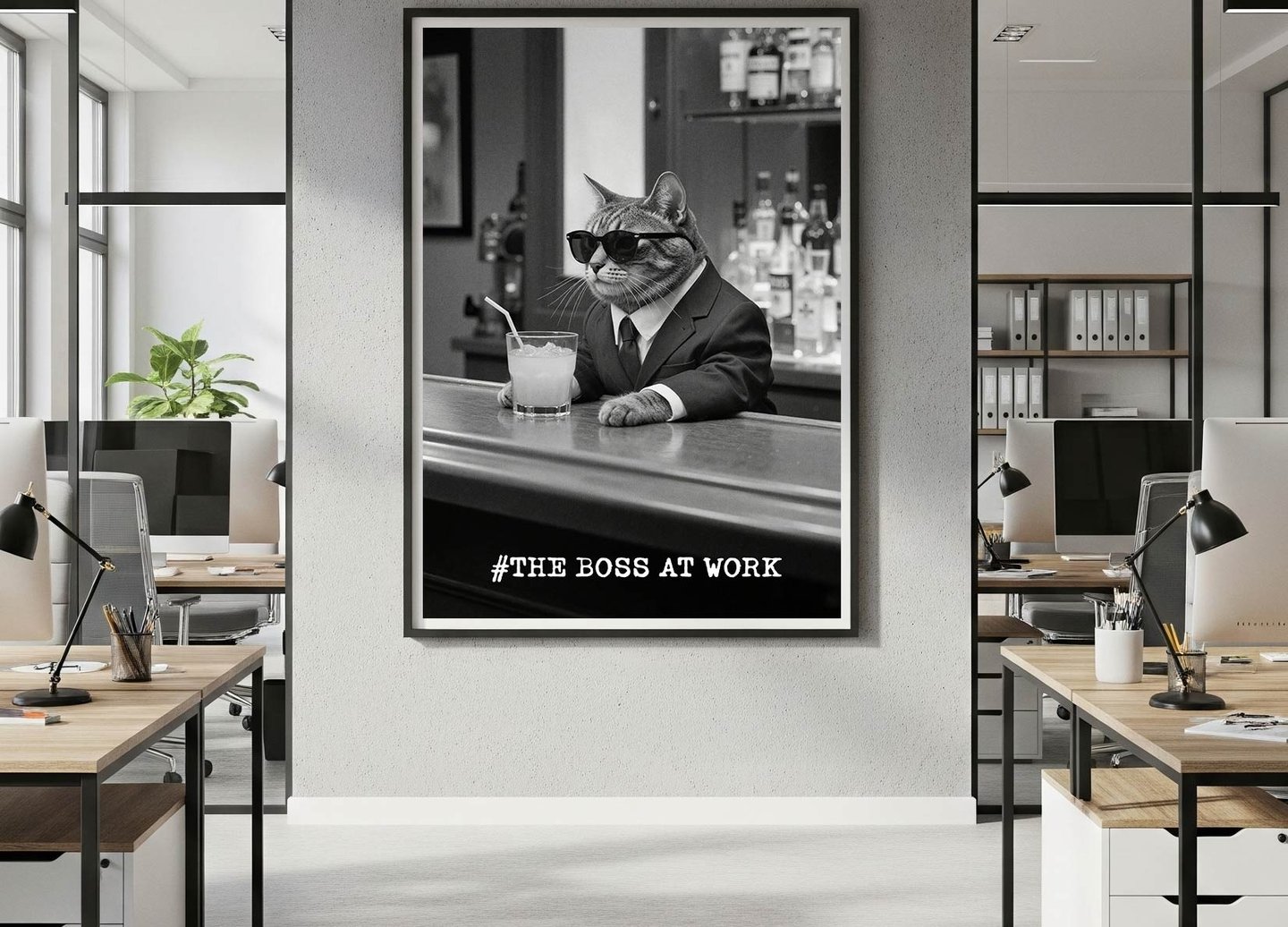 a black and white print of a tabby cat in a business suitwith the headline the boss at work