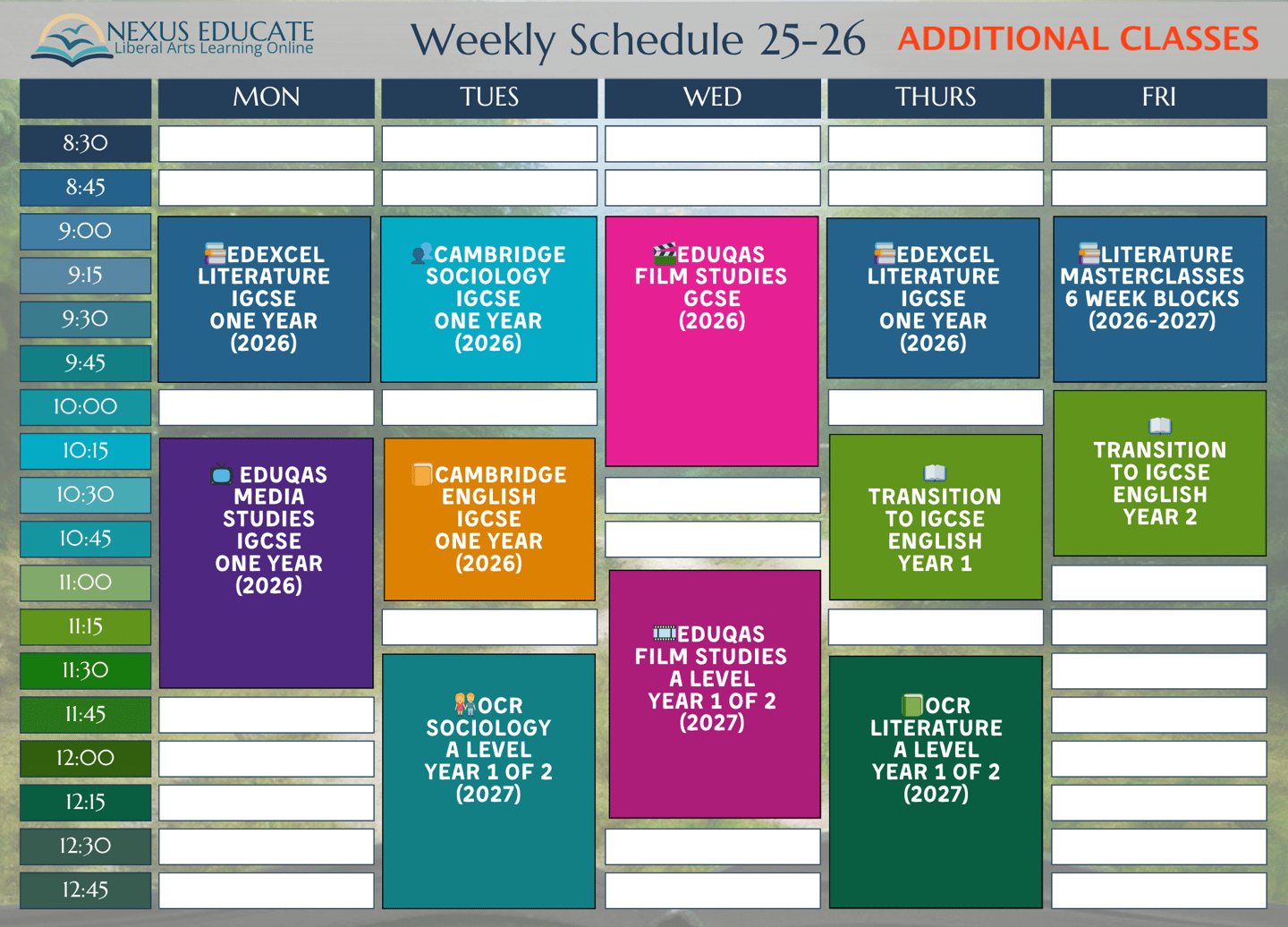 Timetable of additional online classes