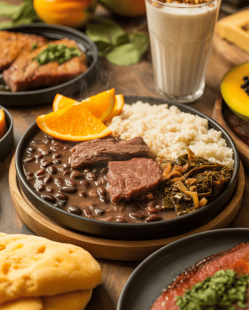 Authentic Brazilian feijoada served with black beans, beef, rice, collard greens, and orange slices.