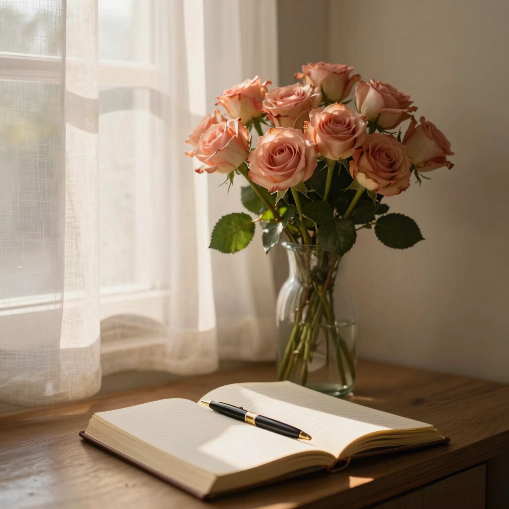 A serene morning scene with a journal, a cup of tea, and collagen supplements on a wooden table bathed in soft sunlight.