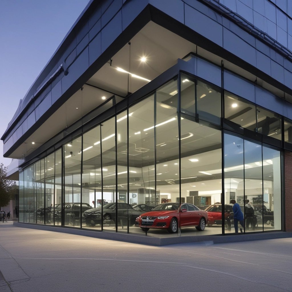 Two window cleaners are suspended by ropes, working on cleaning the glass windows of a tall building. Each cleaner is equipped with tools and a bucket, skillfully moving along the facade with safety harnesses. The building features reflective blue-tinted glass panels, creating a striking geometric pattern.