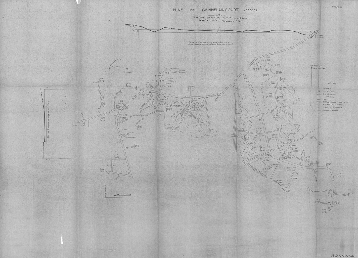 Plan der Mine bei Gemmelaincourt. Kohlemine, Stollen, Schacht, Galerien