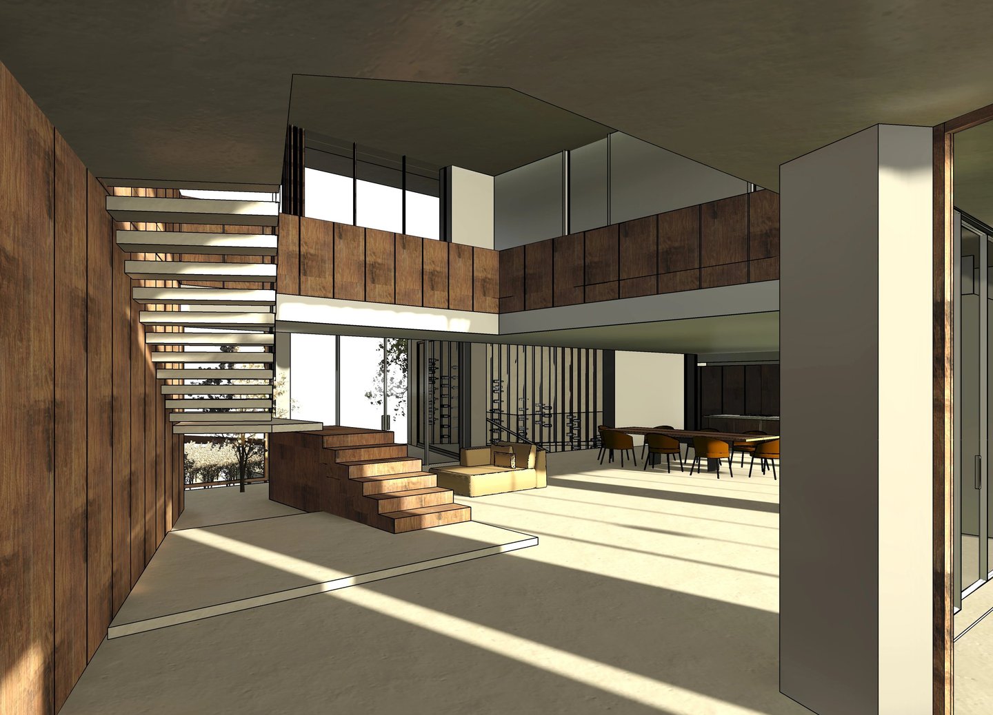 Moradia em Lagos. Projeto de Arquitetura. Vistas tridimensionais do interior. Hall e sala.