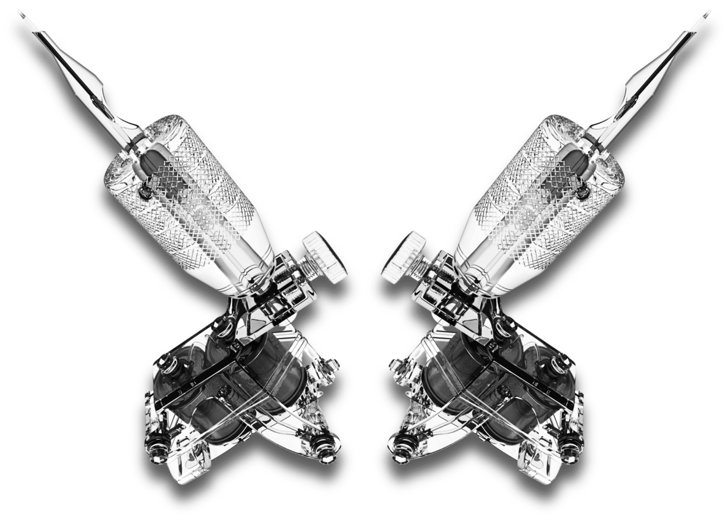 Two chrome professional coil tattoo machines mirrored against a black background.
