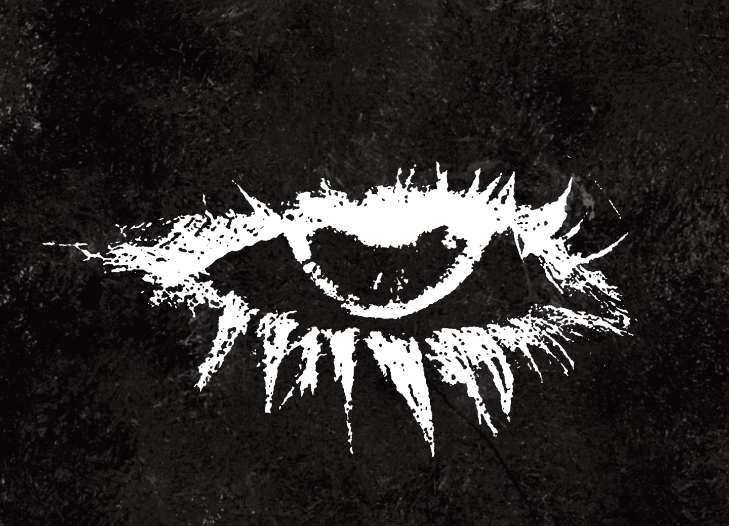Grungy white charcoal drawing of a human eye on a dark textured black background.