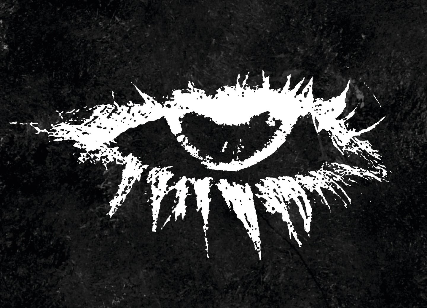 Grungy white charcoal drawing of a human eye on a dark textured black background.