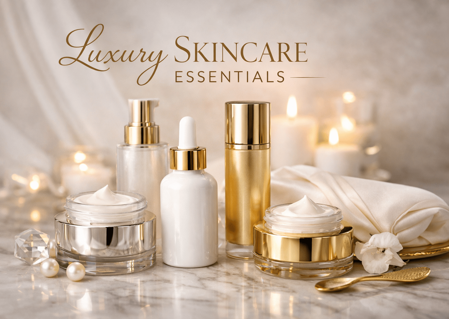 Luxury skincare essentials set featuring face cream jars and serum bottles on a marble surface with candles.