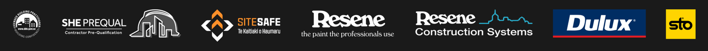 A group of different logos on a black background. including Resene, Dulux, SiteSafe, LBP.