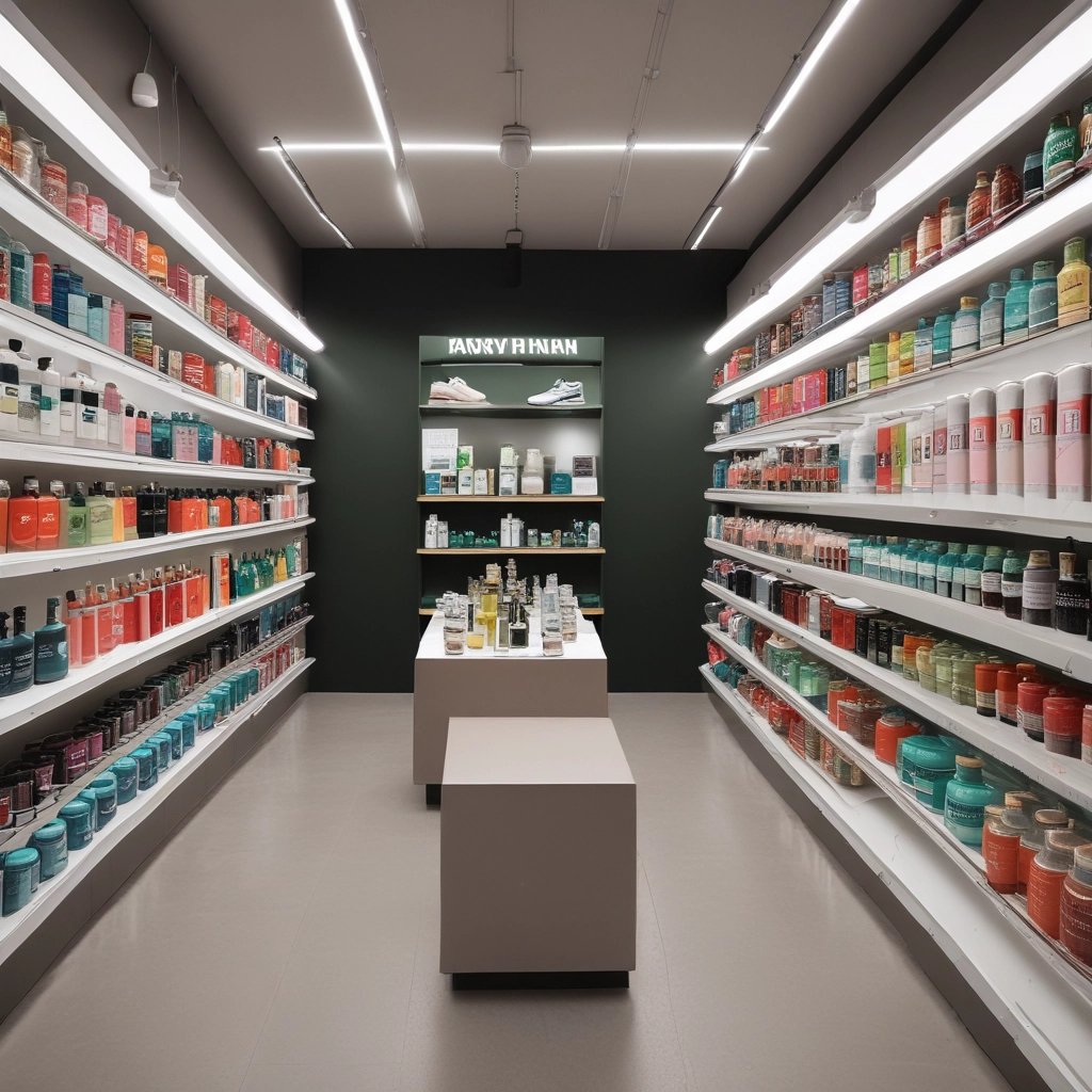 A vibrant display of original sneakers, caps, and perfume bottles arranged invitingly on a wooden table.