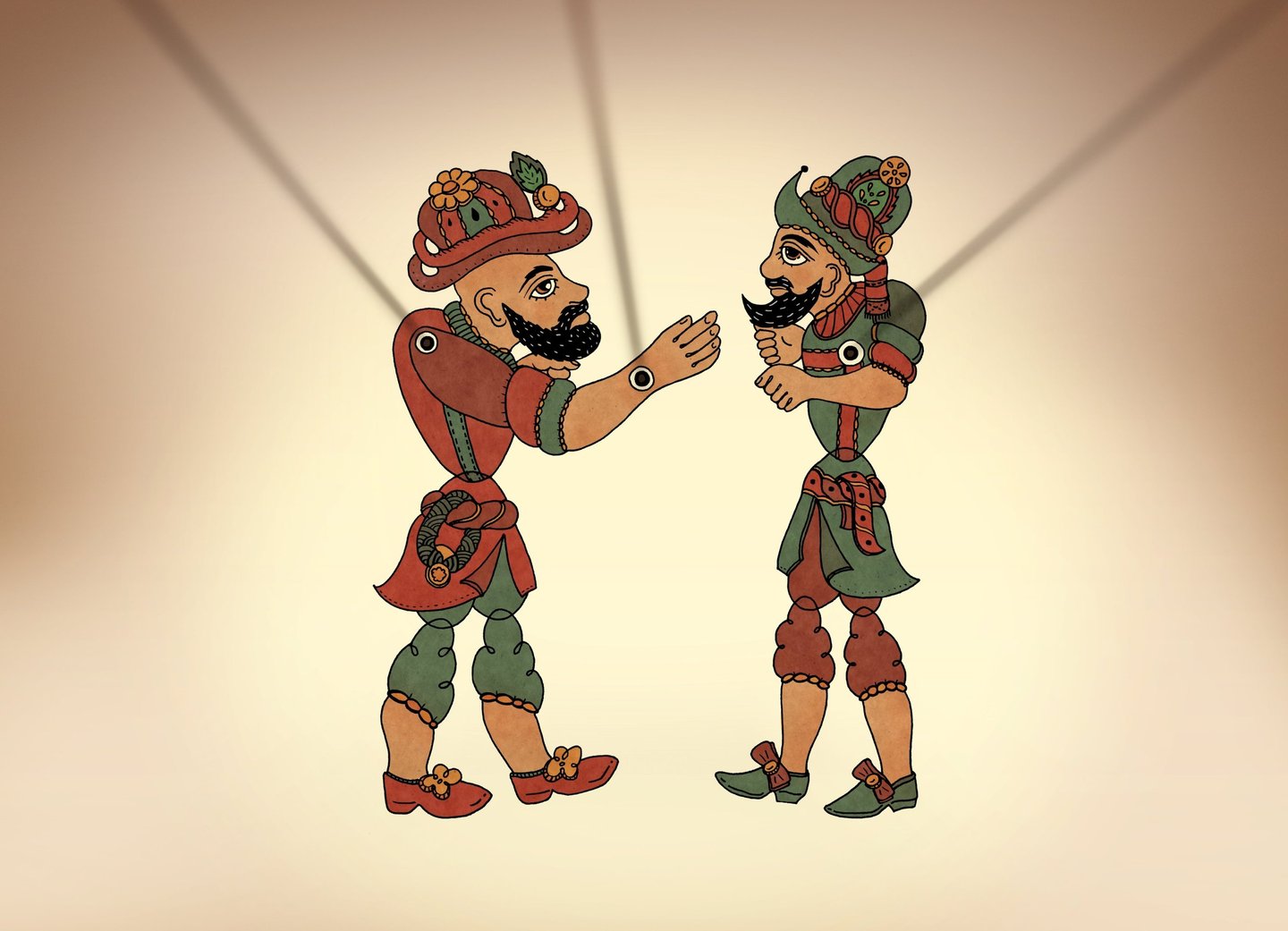 Traditional Turkish Karagoz and Hacivat shadow puppets performing on a screen.