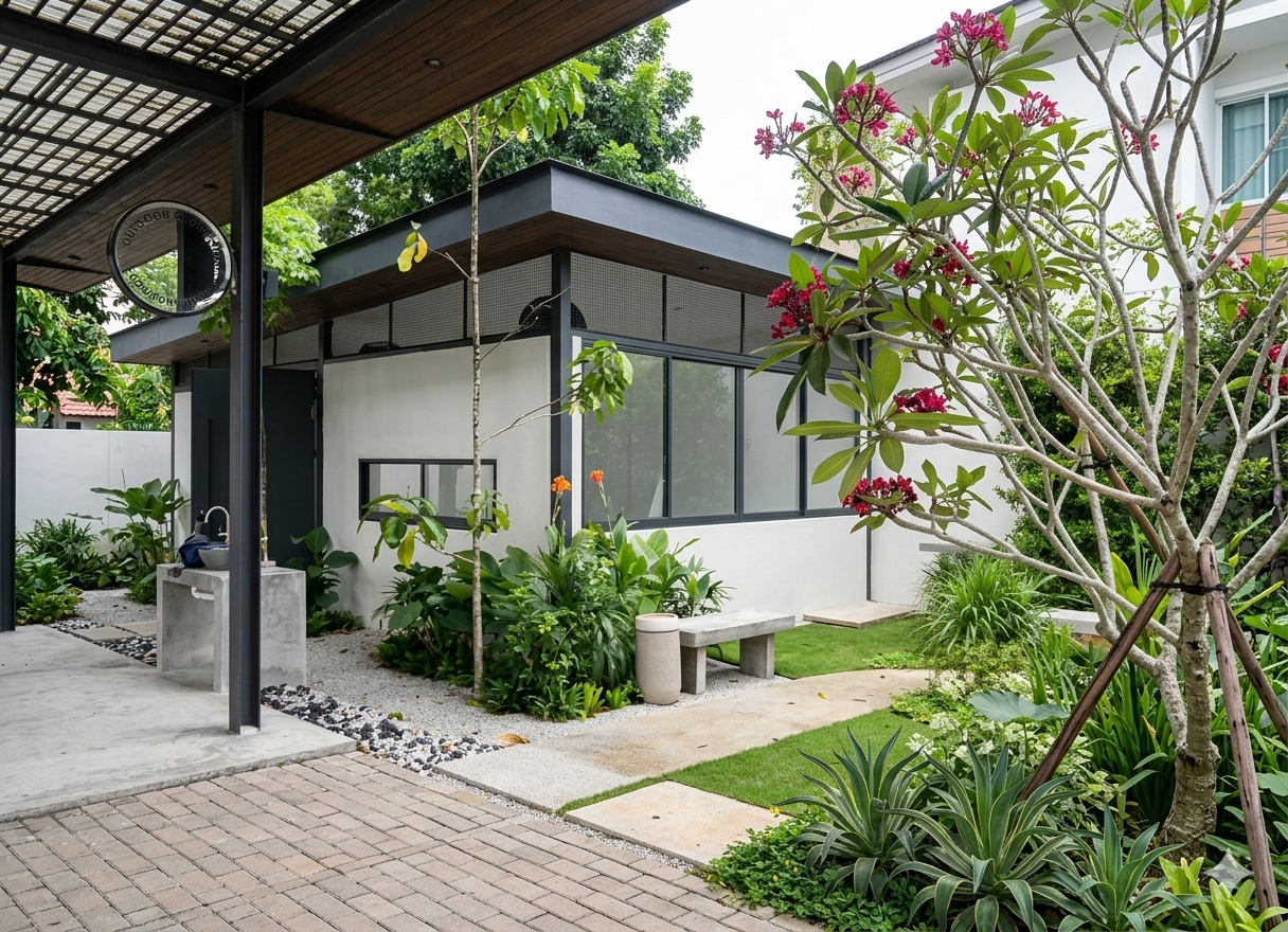 Industrial park office landscape at EPMB Glenmarie featuring tropical gardens and stone paths.
