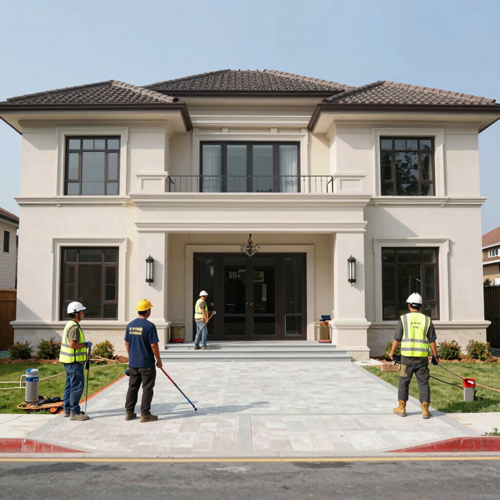 A skilled construction team installing smart home technology in a modern living room.