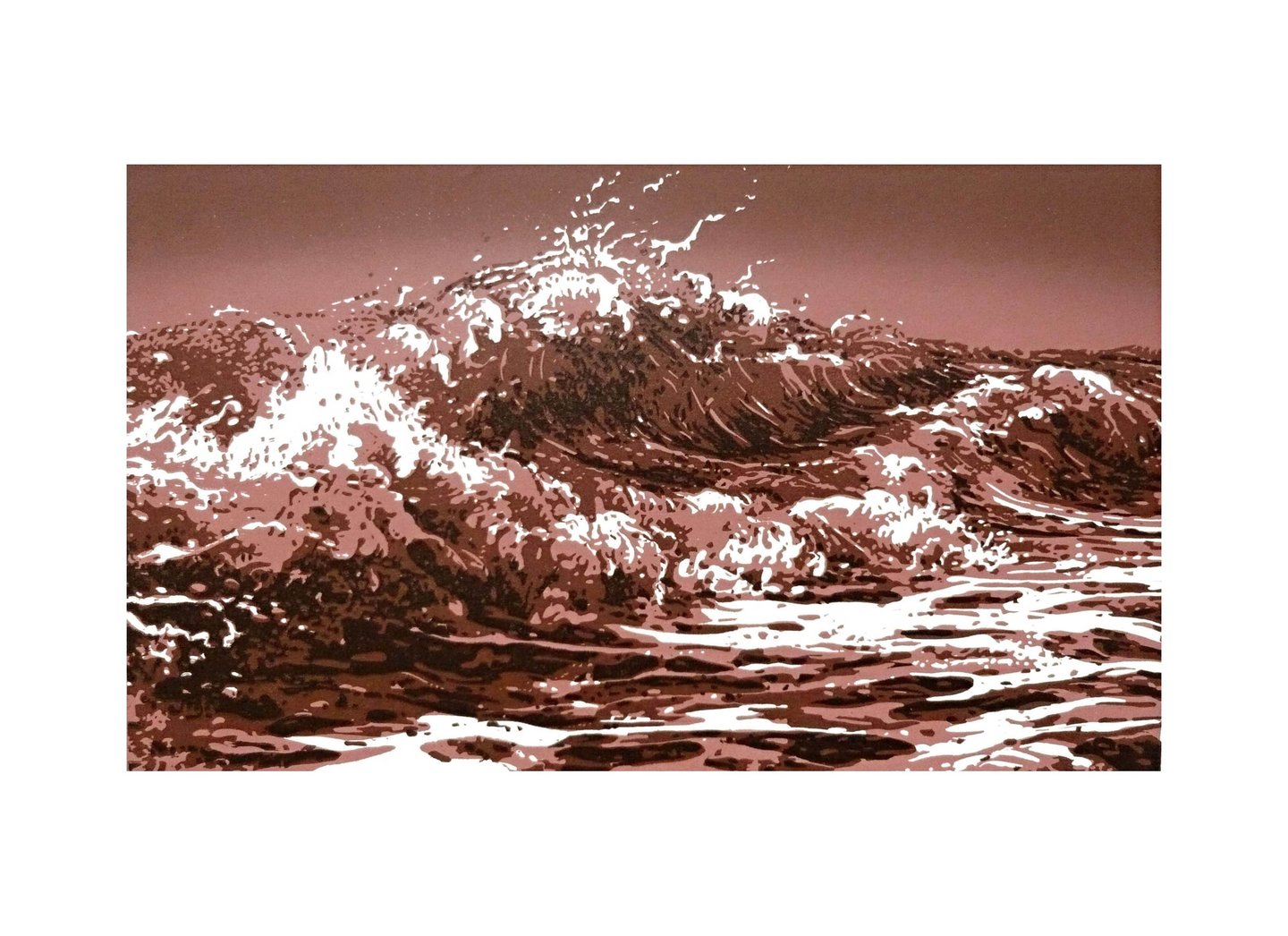 Linogravure, estampe originale,  représentant des vagues.