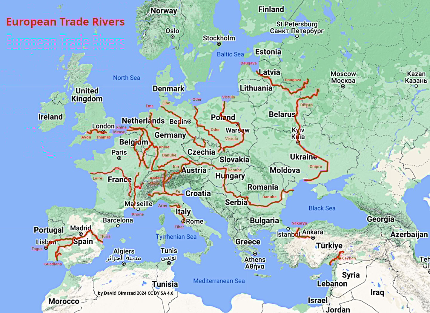 Map showing the major European river trade routes.