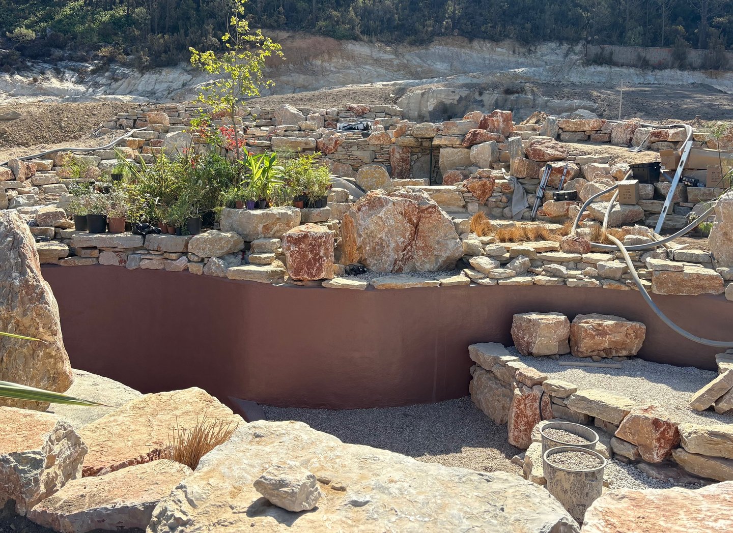 Natural pool with multiple levels, custom-colored walls & artisan stonework | Aqua Vitae build