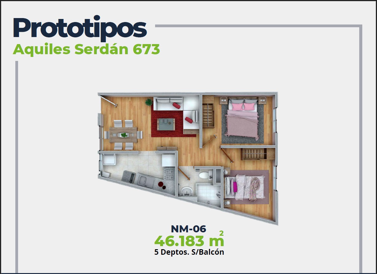 ASER Caracteristicas Departamento. Plano con 2 recamaras, sala comedor, baño y cocina. 46 mts2