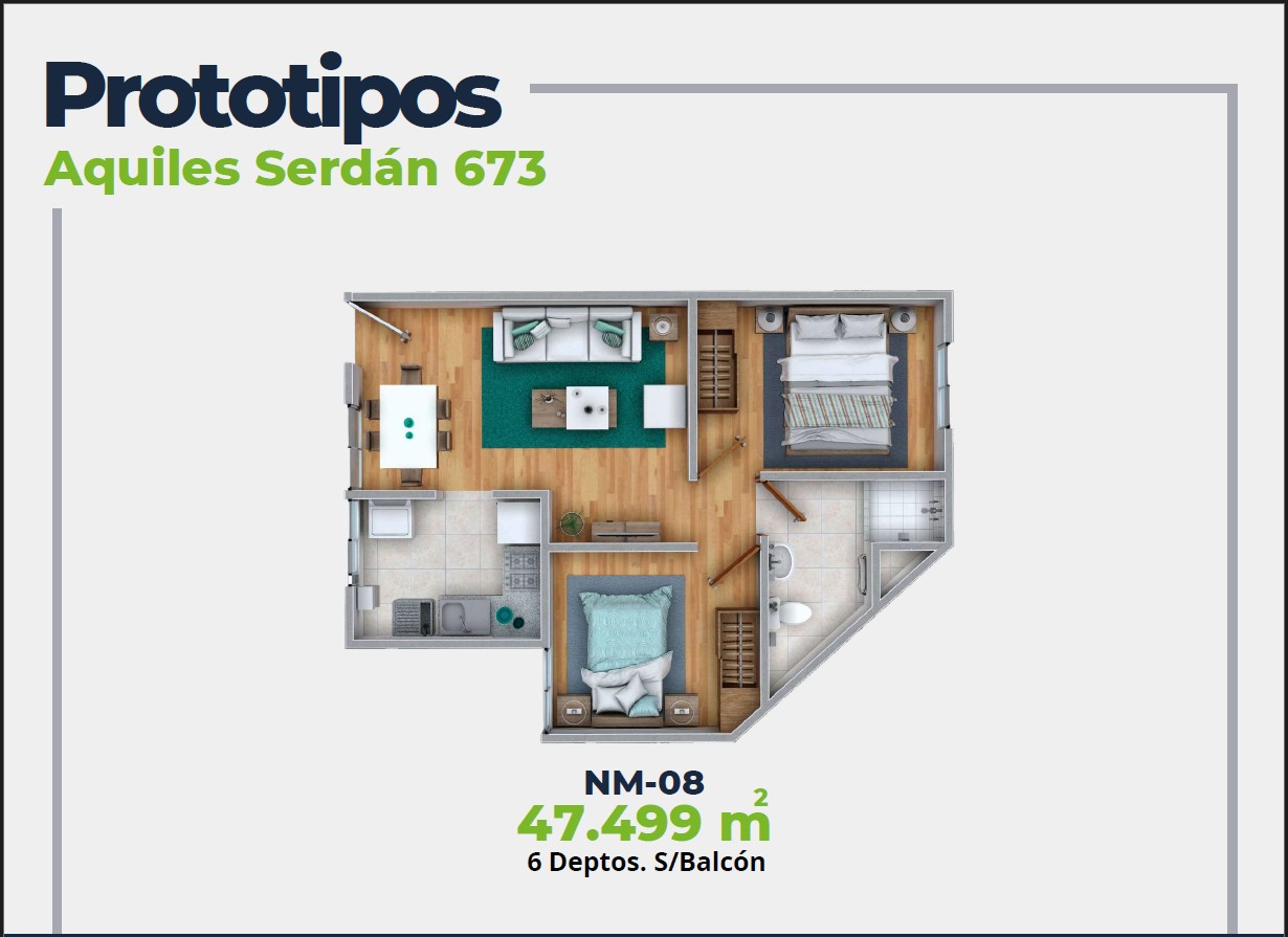 ASER Caracteristicas Departamento. Plano con 2 recamaras, sala comedor, baño y cocina. 47 mts2