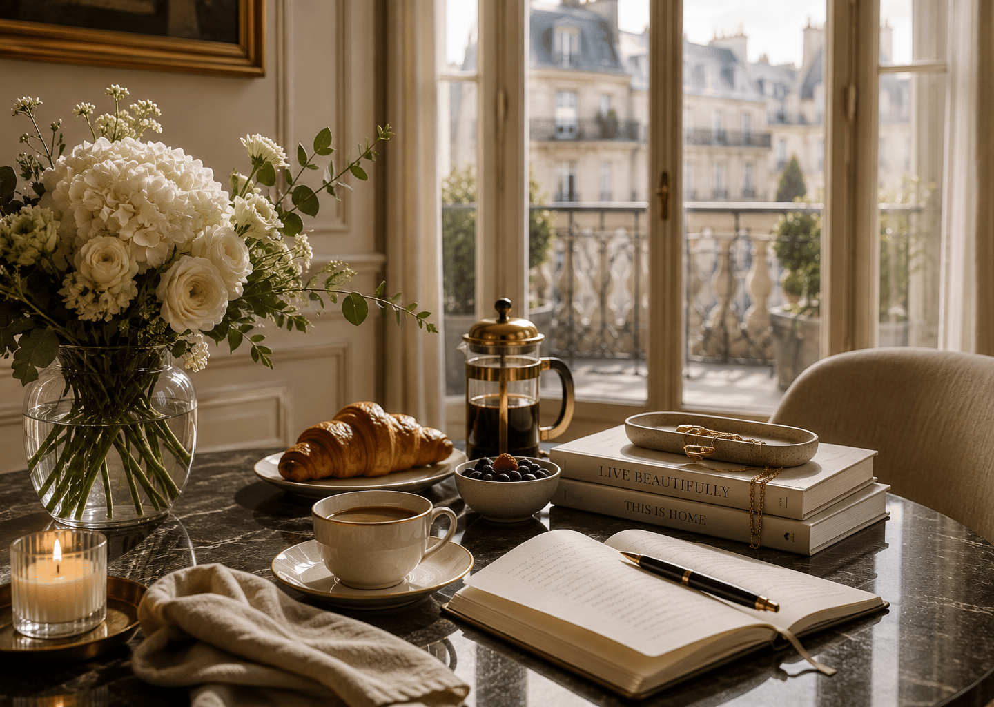 Elegant Parisian breakfast with coffee, croissants, and white flowers on a marble table overlooking a balcony.