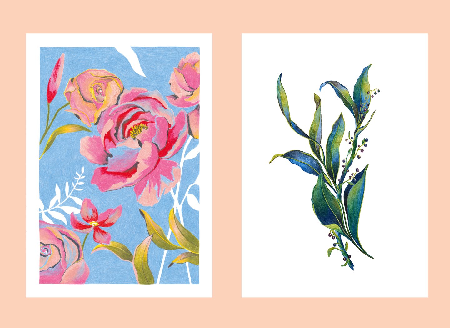 two pictures of flowers and leaves on a pink background