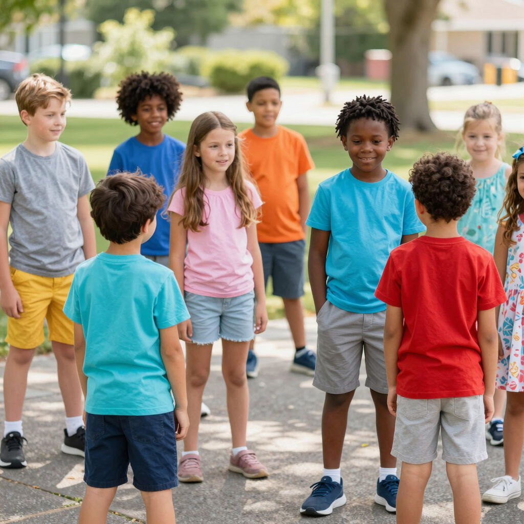 A diverse group of school children playing an outdoor game in a circle on a sunny playground.