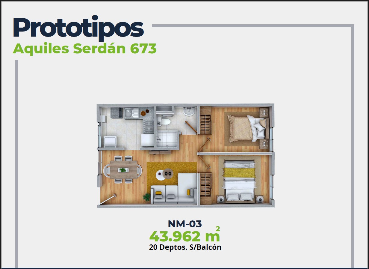 ASER Caracteristicas Departamento. Plano con 2 recamaras, sala comedor, baño y cocina. 43 mts2