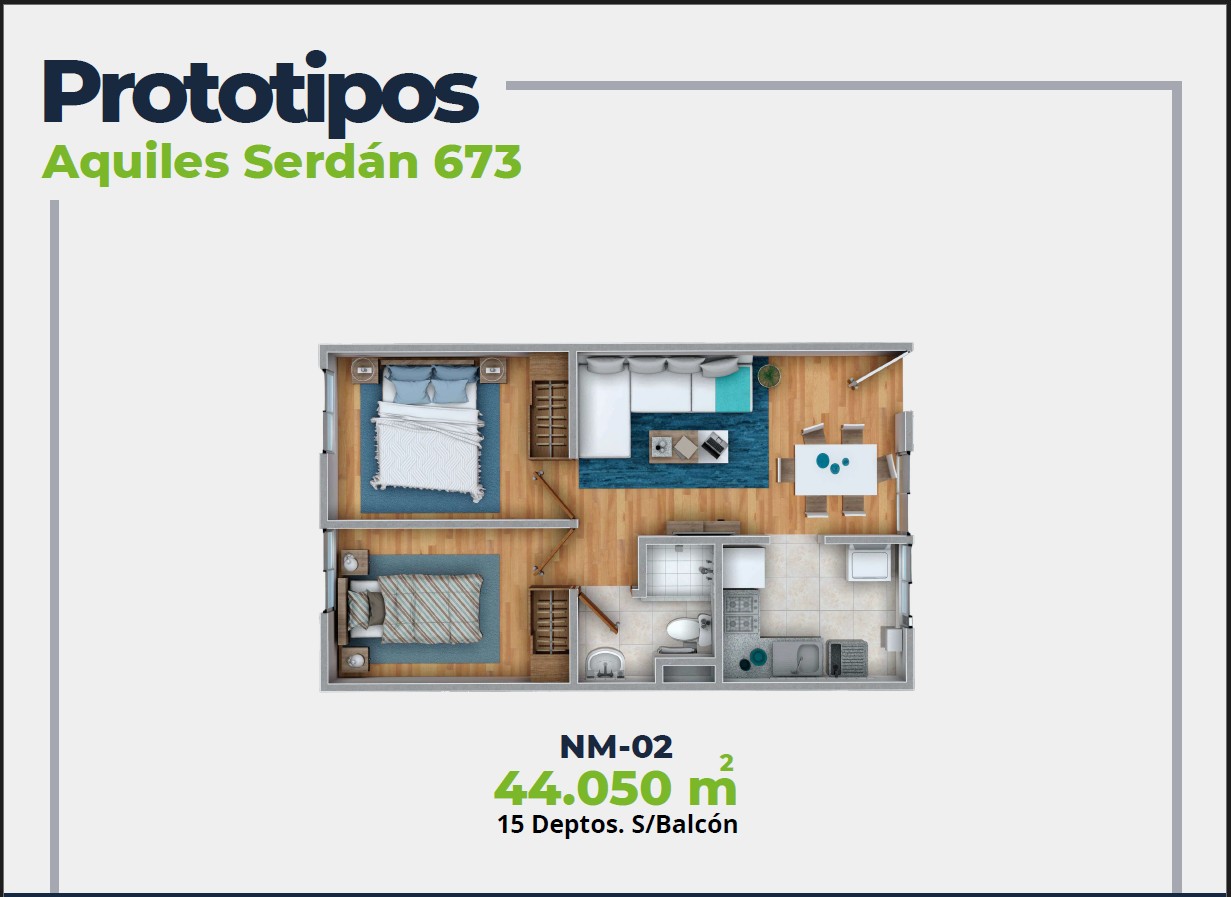 ASER Caracteristicas Departamento. Plano con 2 recamaras, sala comedor, baño y cocina. 44 mts2