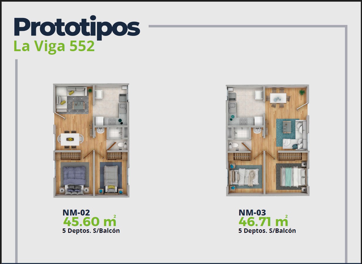 LV52 Características Depto.  Plano con 2 recamaras, sala comedor, baño y cocina. 45 a 46 m2