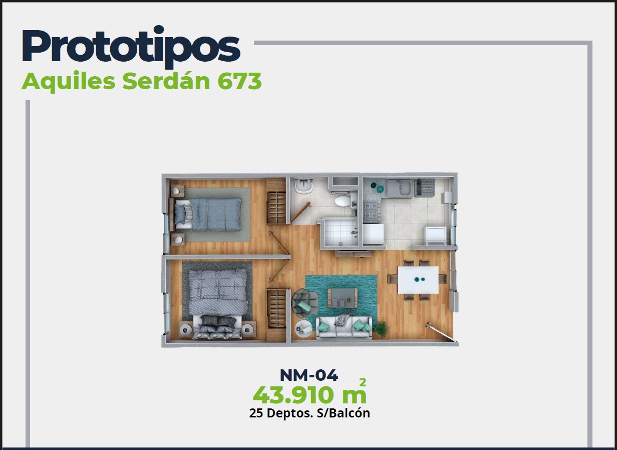 ASER Caracteristicas Departamento. Plano con 2 recamaras, sala comedor, baño y cocina. 43 mts2