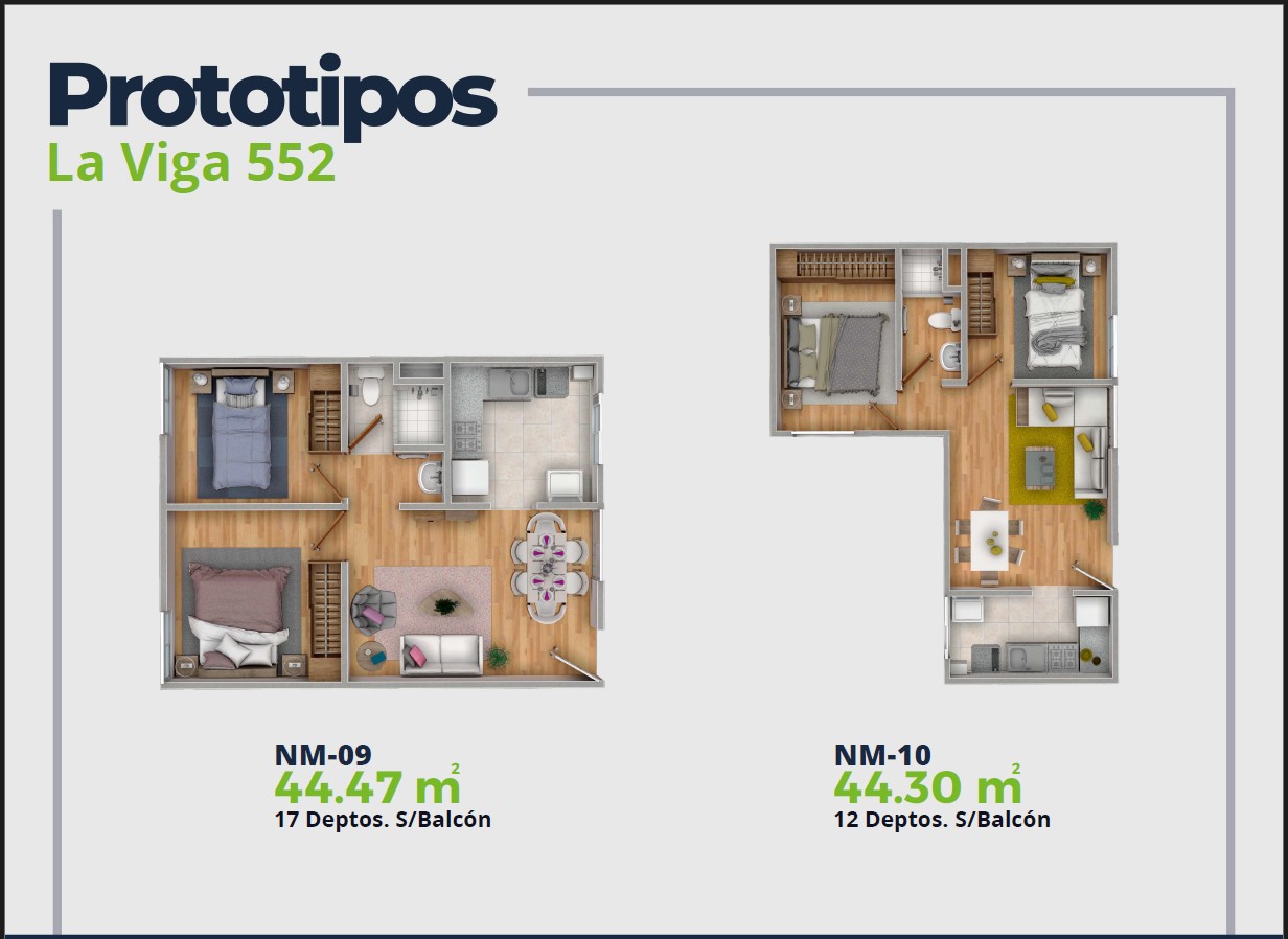 LV52 Características Depto.  Plano con 2 recamaras, sala comedor, baño y cocina. 44 m2