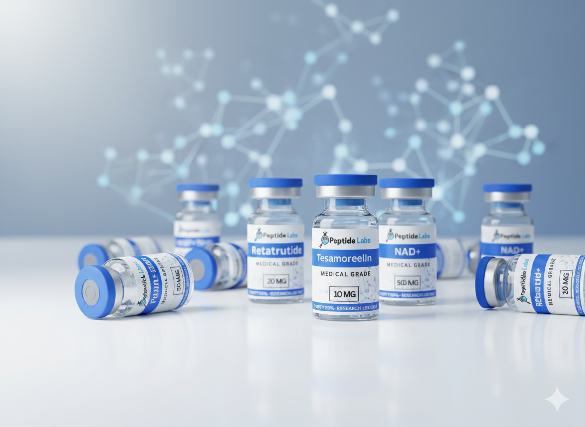 a group of vials of pills and a bottle of powder peptides