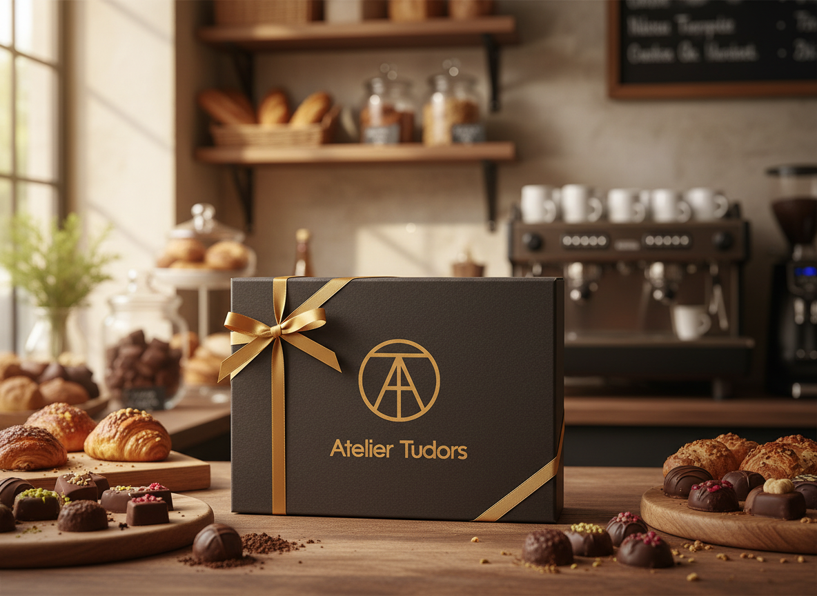 Boite noir de chocolats avec logo or et rubans or