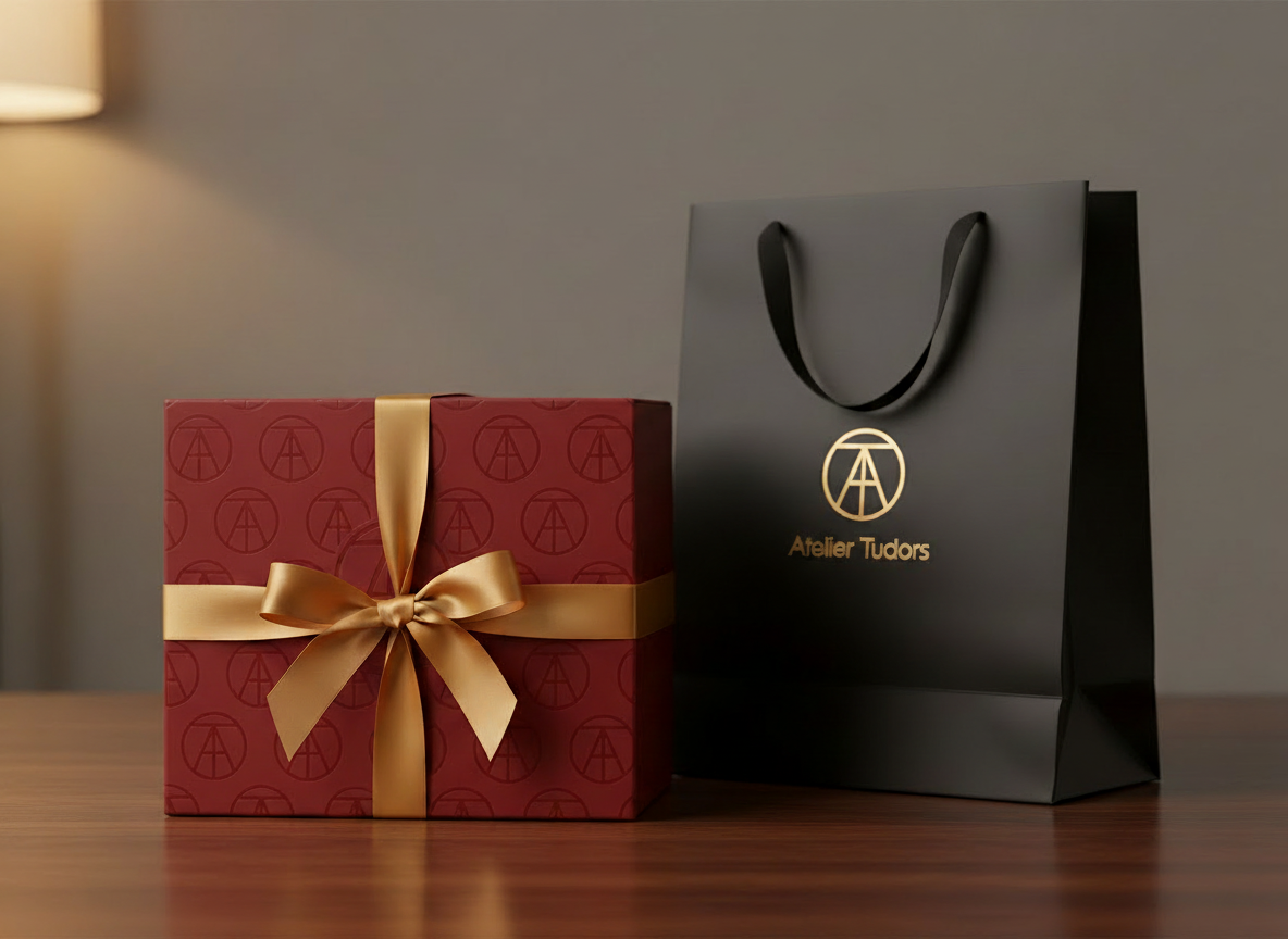 Box gâteau rouge et sac noir avec logo