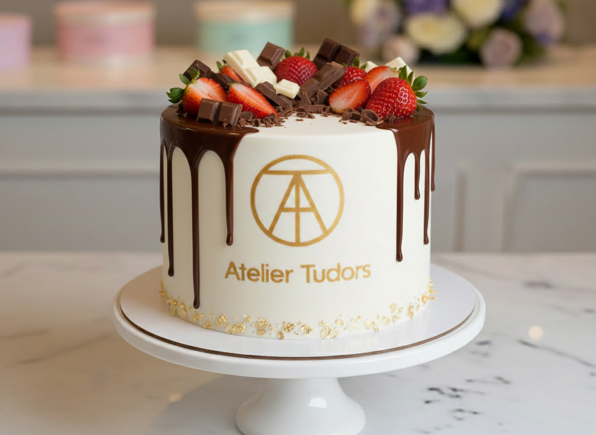 Atelier Tudors gâteau fraise et chocolat logo or