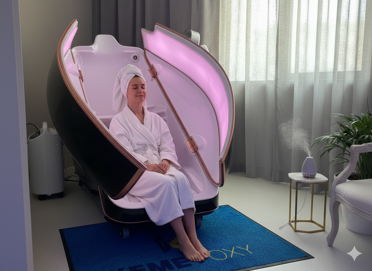 Woman in white robe relaxes in a futuristic Sauna Ozone therapy in Kemet Oxy Clinic.