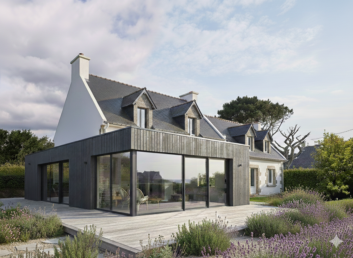 Extension contemporaine devant une maison néo bretonne dans le Morbihan