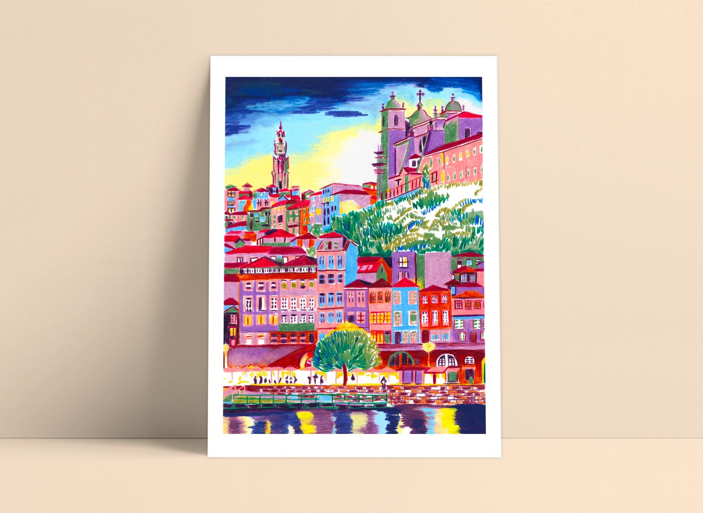 a painting of a cityscape of a river with a boat in the water