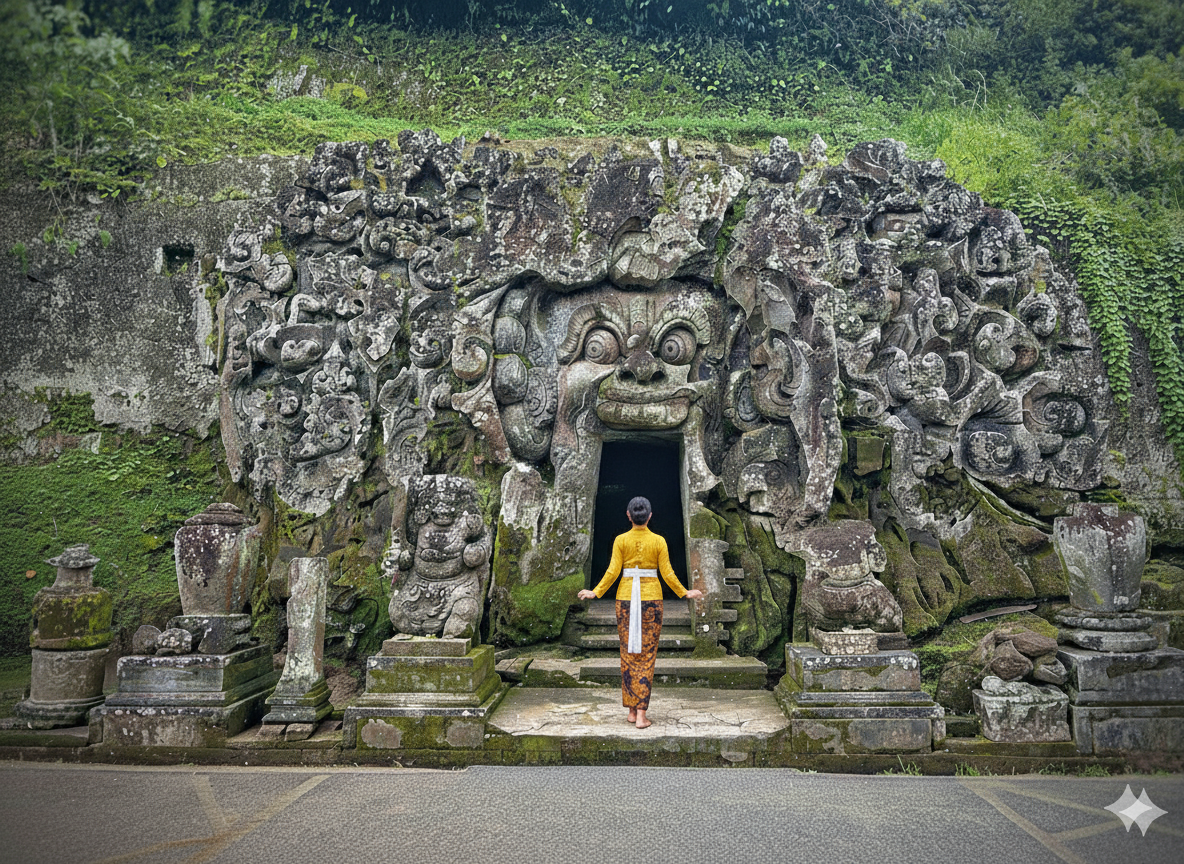 Entrance of Goa Gajah Temple in Ubud, Bali, featuring an ancient stone face carved into the rock