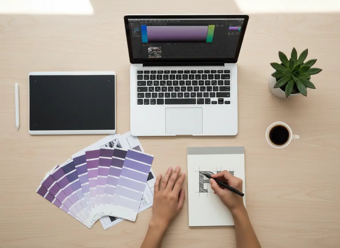 Postazione studio branding con palette colori e disegno logo.