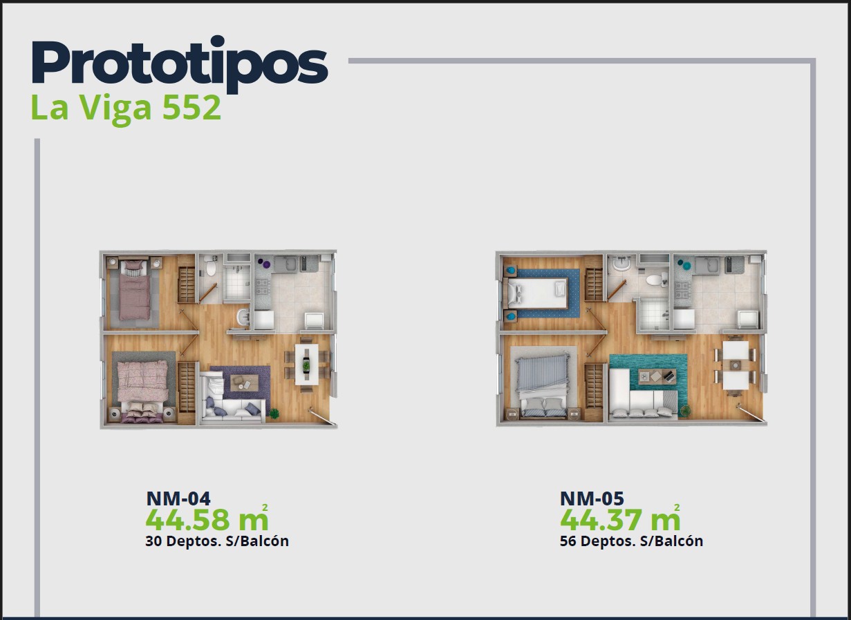 LV52 Características Depto.  Plano con 2 recamaras, sala comedor, baño y cocina. 44 m2