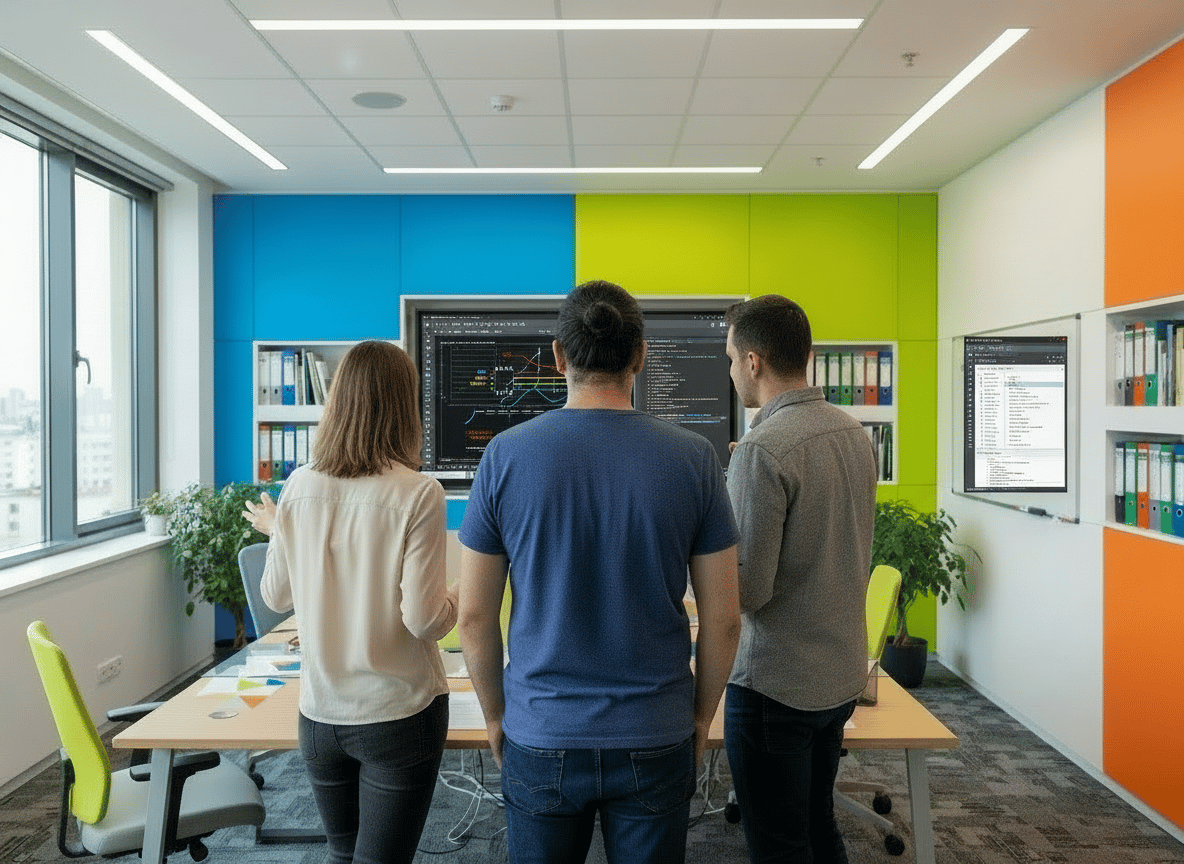 Preemptive & Co. Developer looks at embedded plans with the customers to discuss details.