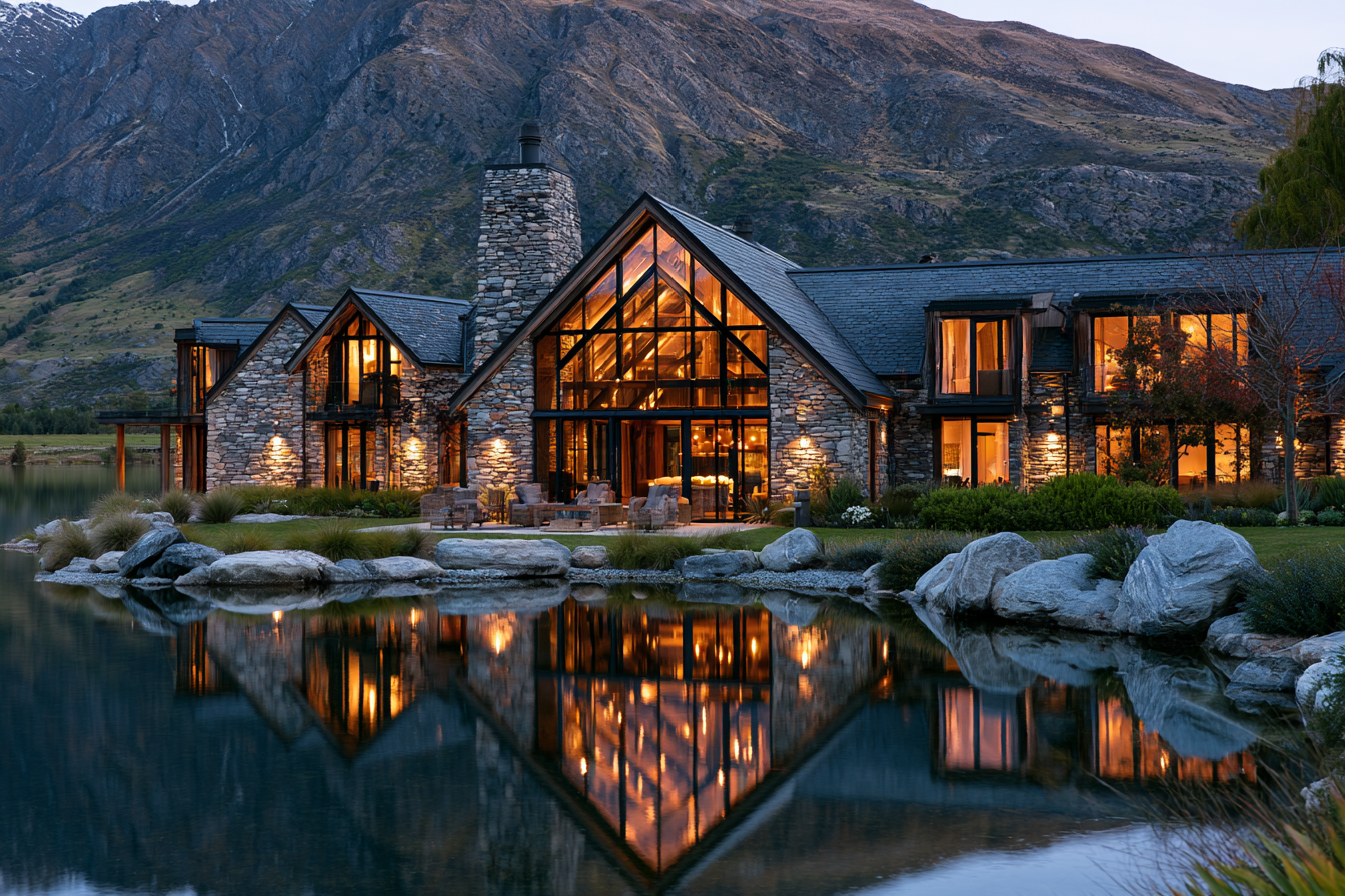 Luxury stone lake house with glass windows reflecting in water at the foot of a mountain.