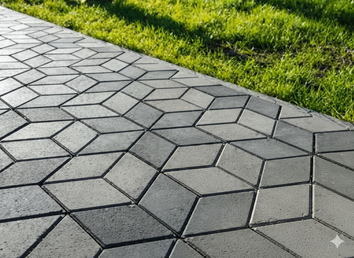 Gray 3D geometric interlocking paving stones installed along a vibrant green grass lawn edge.