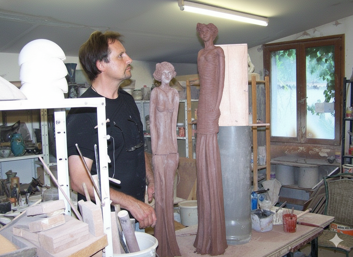 Daniel Pierrard sculpteur en atelier de création d'art contemporain - Modelage terre monumentale
