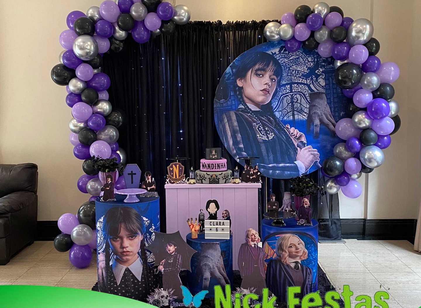 Aluguel de decoração infantil Wandinha na Freguesia do Ó com mesa decorada temática