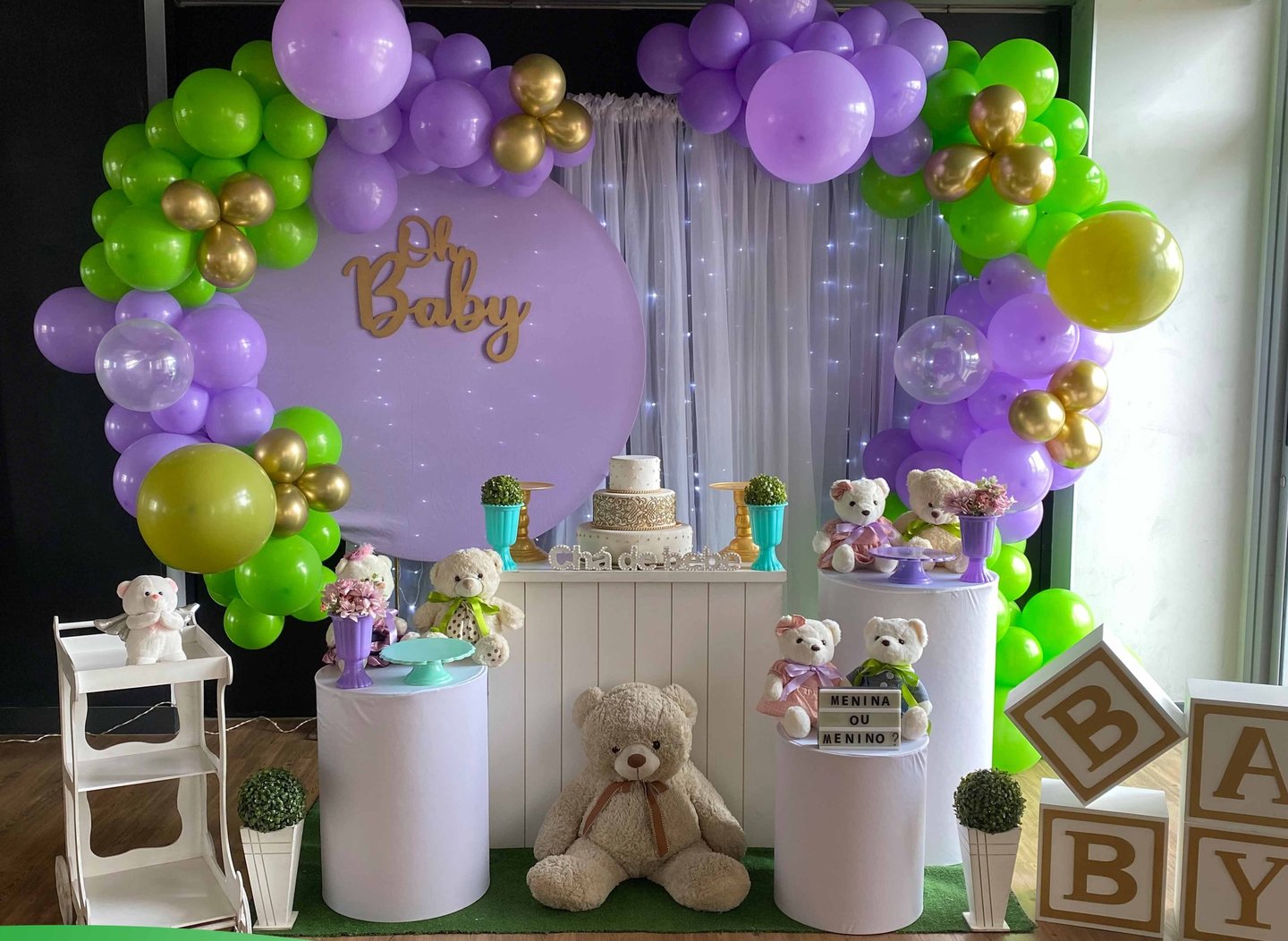 Aluguel de decoração infantil Chá de Bebê Ursinhos Lilás e Verde na Freguesia do Ó