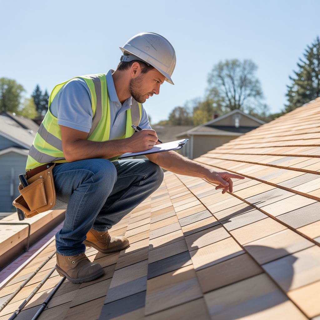 Homeowner and roofing contractor inspecting roof shingles for potential repair issues.