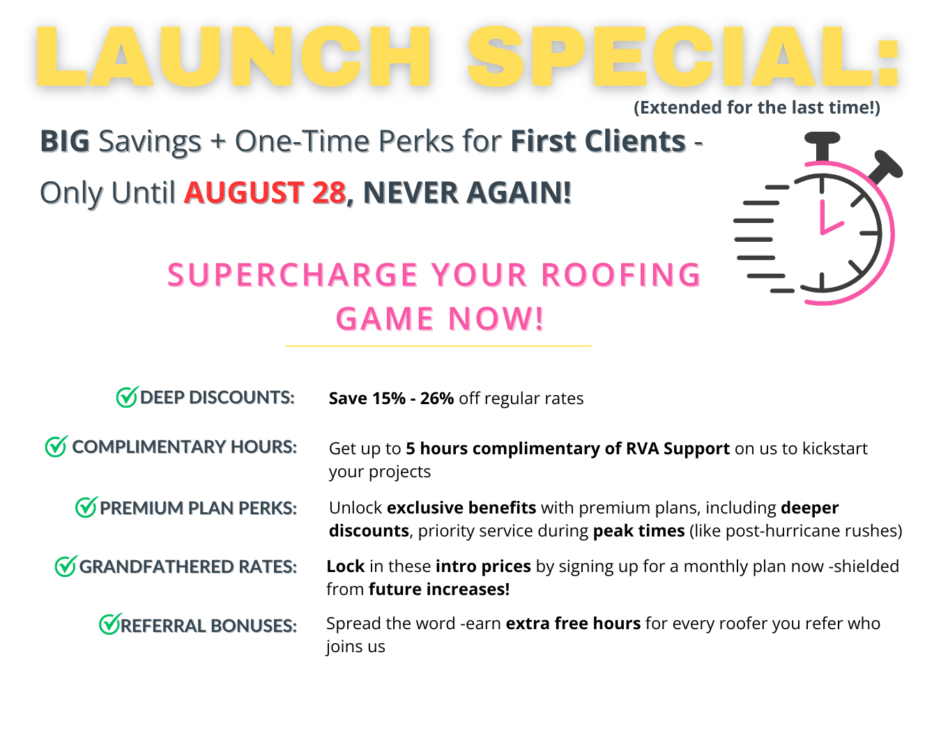 Launch Special Element for First Client's Extended One More Time Until August 28th, Clock Image