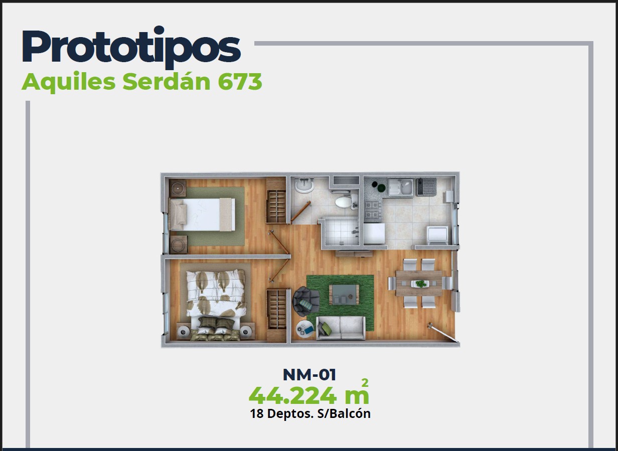 ASER Caracteristicas Departamento. Plano con 2 recamaras, sala comedor, baño y cocina. 44 mts2