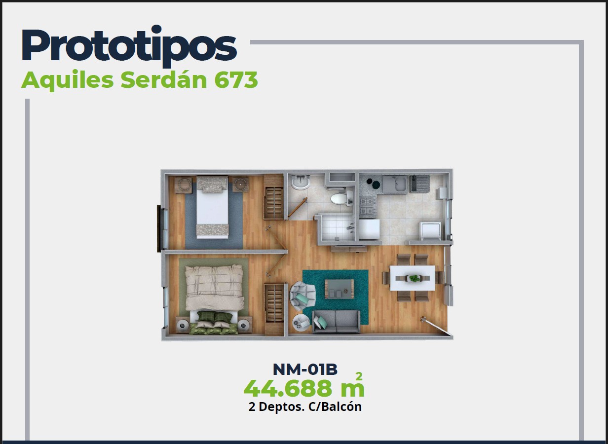 ASER Caracteristicas Departamento. Plano con 2 recamaras, sala comedor, baño y cocina. 44 mts2