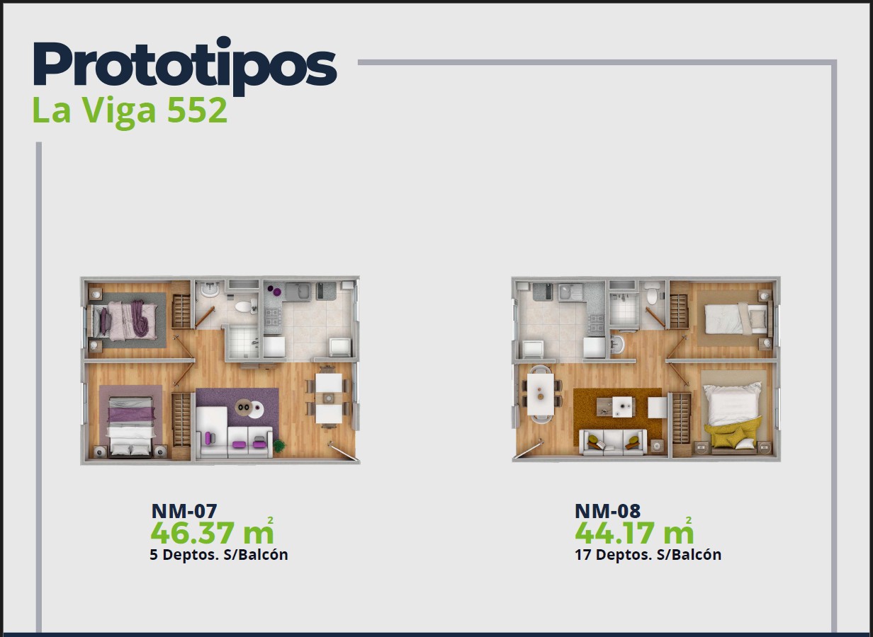 LV52 Características Depto.  Plano con 2 recamaras, sala comedor, baño y cocina. 46 a 44 m2